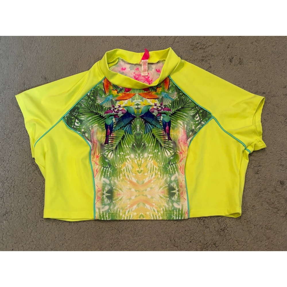 Victorias Secret Neon Yellow Tropical Bird Rash Guard Swim Top Crop Large